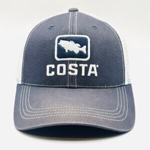 Costa Trucker Hat Blue White OS Fish Logo Embroidered Adjustable Mesh Cap